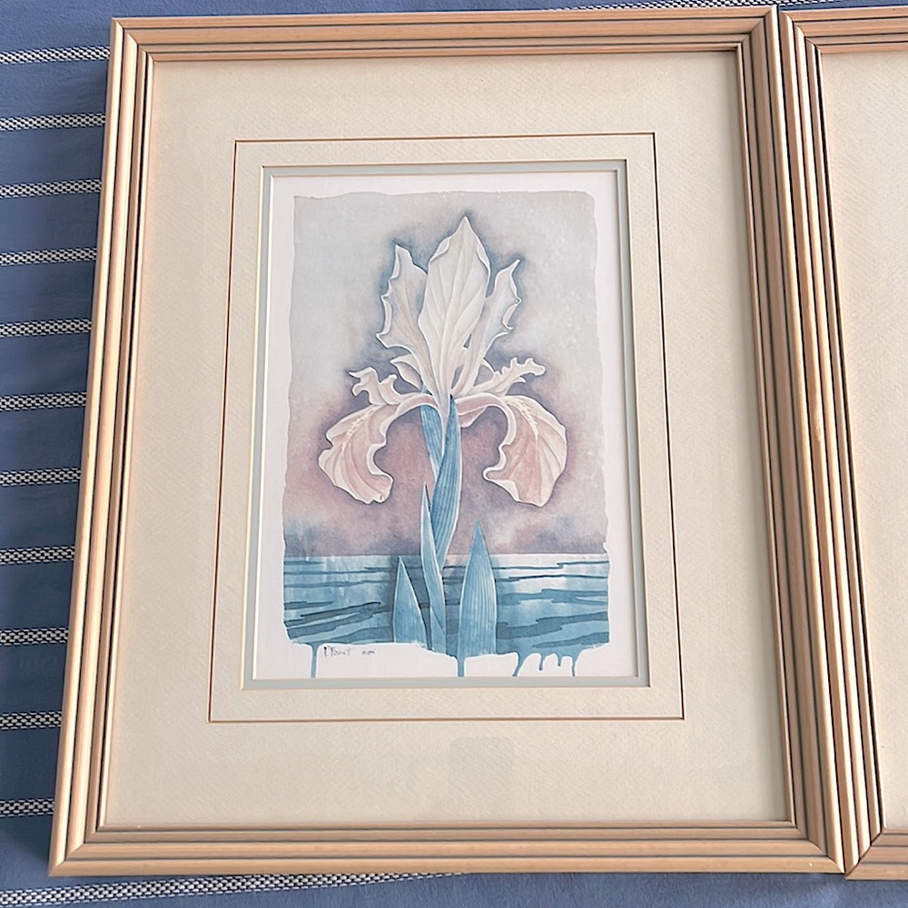 Pair of Paul Brent Vintage Floral Art Prints Iris Lily Double Mat Wood Frames